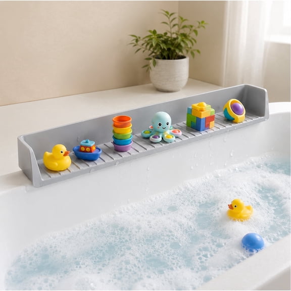 Everkeen 31.5" Silicone Bathtub Splash Guard & Bath Toy Organizer, Soft Flexible Tub Edge Shelf with Strong Suction Cups for Bath Toys,Gray
