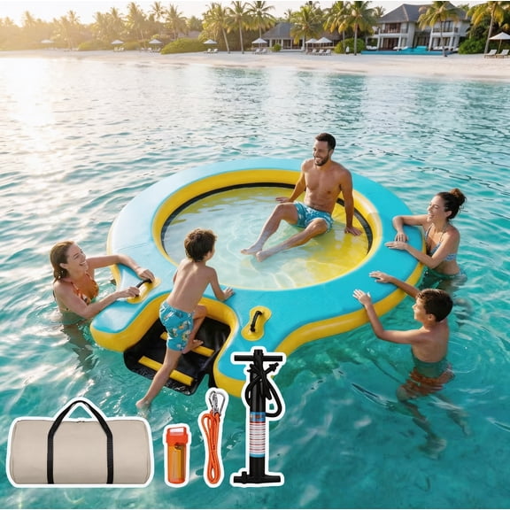 Everkeen 8FT Round Floating Ring with Ladder, Inflatable Water Hammock, Sunchill Pool Float Island Ring with Water Mat for Adults Family Summer Pool Party