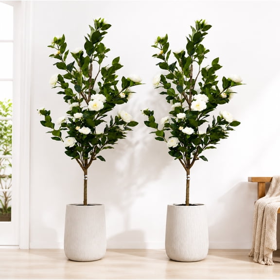 Everkeen Set of 2 Artificial Camellia Trees 5.2FT Tall, Faux Flower Plants with Pot, Realistic Silk Blossom Tree for Home Decor, Living Room, Office, Wedding, Indoor Outdoor Decoration (White)