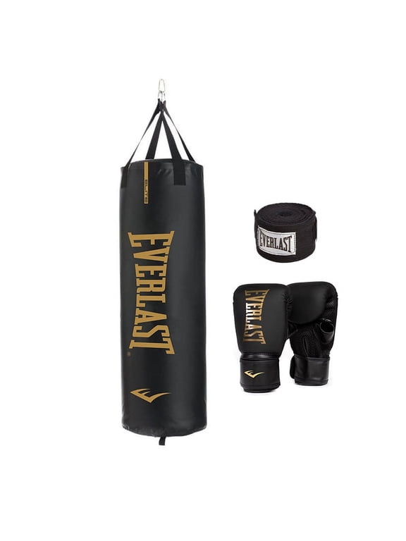Durable Heavy Punching Bag Kit, Black with Elite Cardio Gloves & Hand Wraps