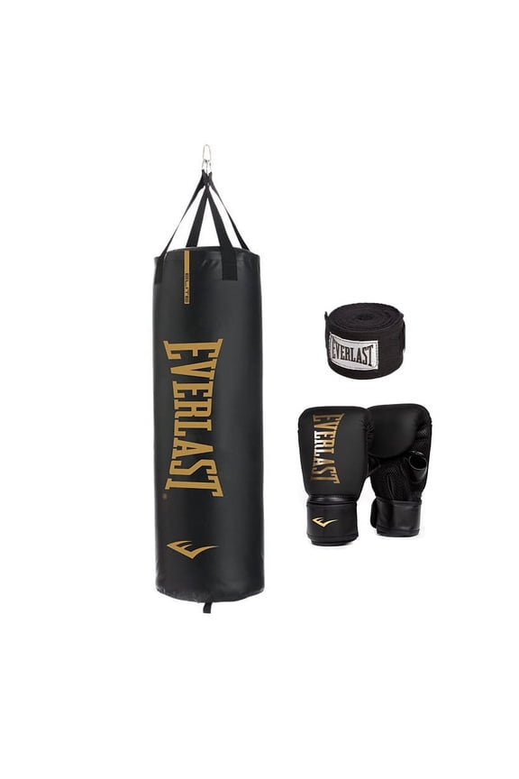 Durable Heavy Punching Bag Kit, Black with Elite Cardio Gloves & Hand Wraps