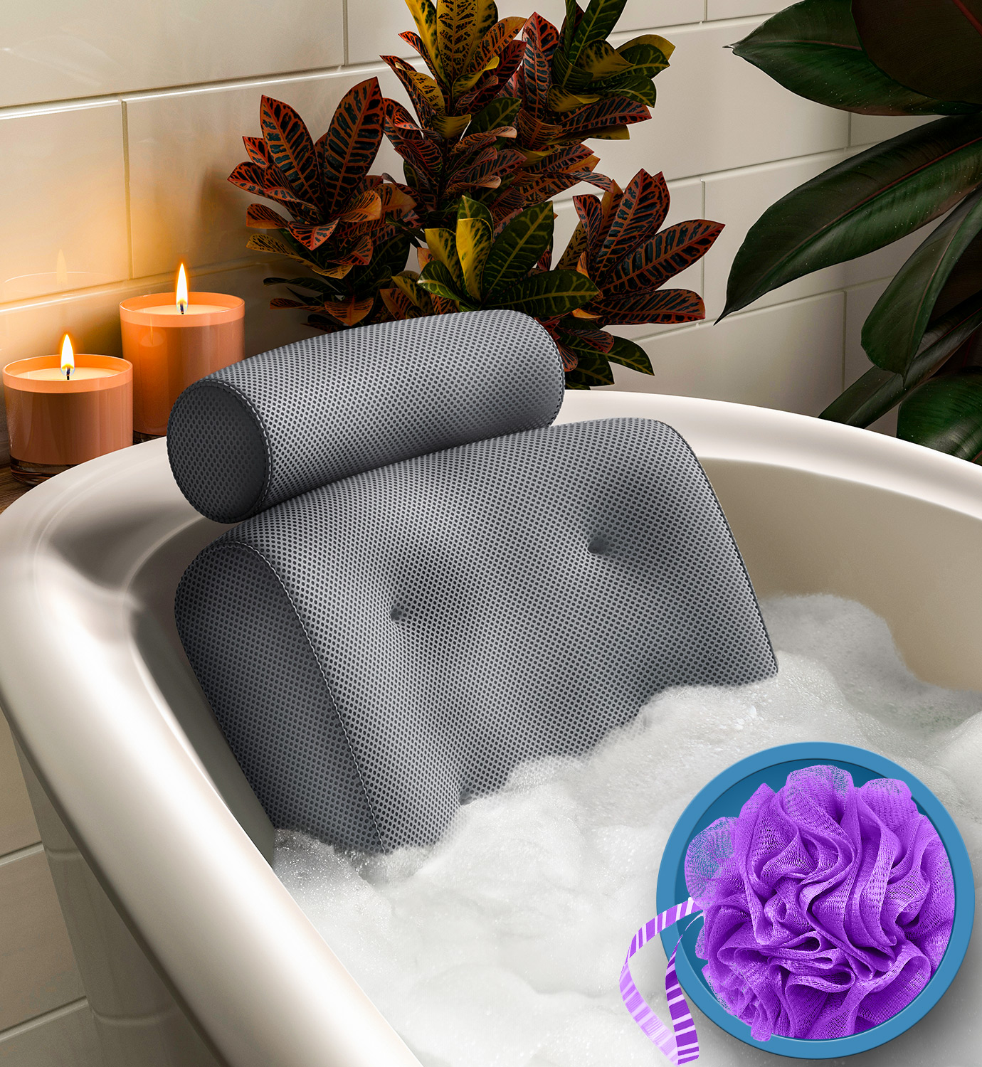 Tbest Nonslip Bathtub Spa Pillow Bath Cushion with Suction Cups Head