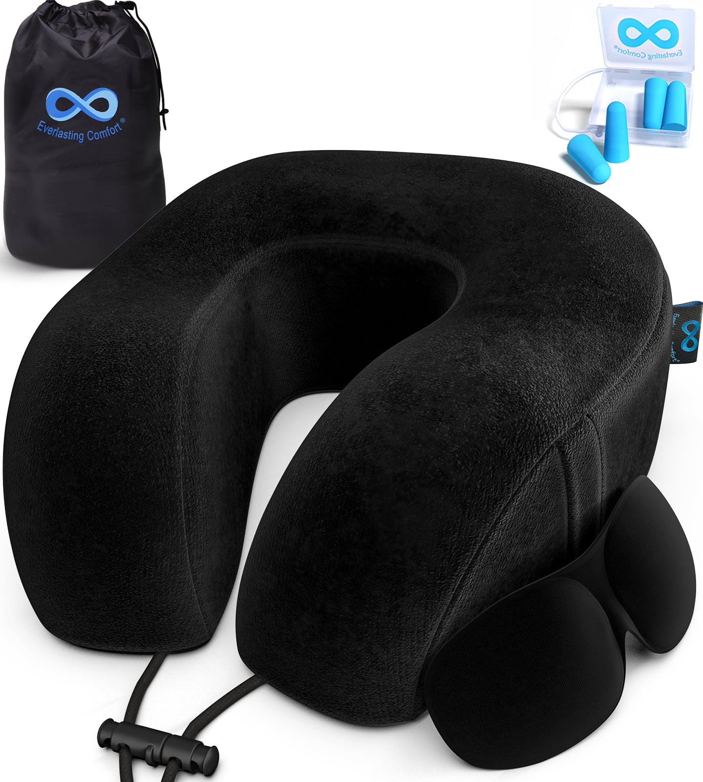 Everlasting Comfort Memory Foam Travel Pillow - Airplane Neck Rest &amp;amp; Plane Accessories Black