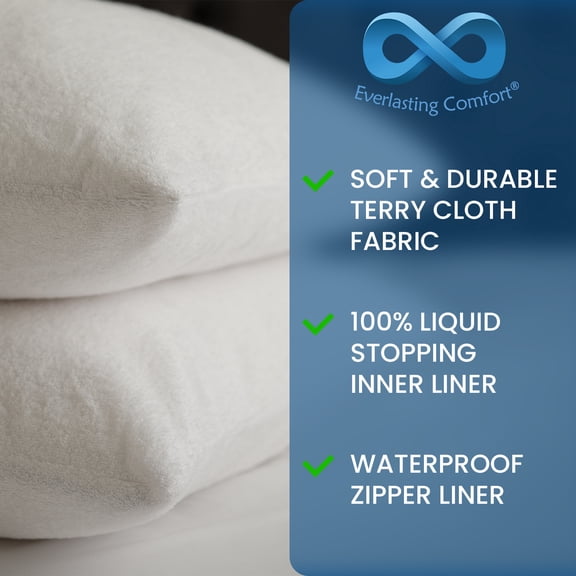 Everlasting Comfort Pillow Protectors, Queen - Waterproof Barrier, Zippered Closure, Hypoallergenic (2 Count)