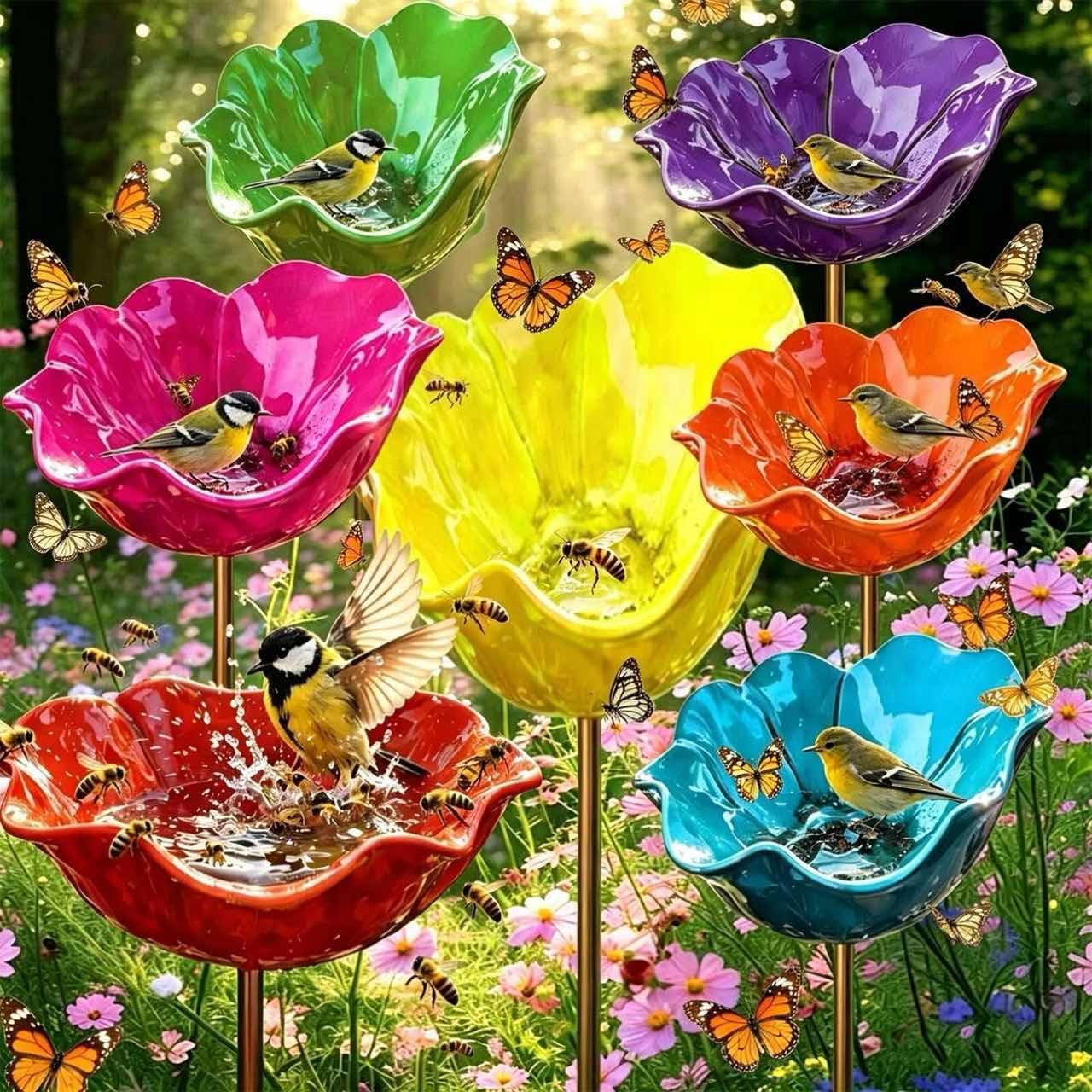 Everlasting Garden Blooms - Handmade Metal Flower Garden Stake, Mini Bird Bath & Pollinator Water Station, Colorful Butterfly Bees Bath Bowl for Outdoor Garden Courtyard Decor (7mix)