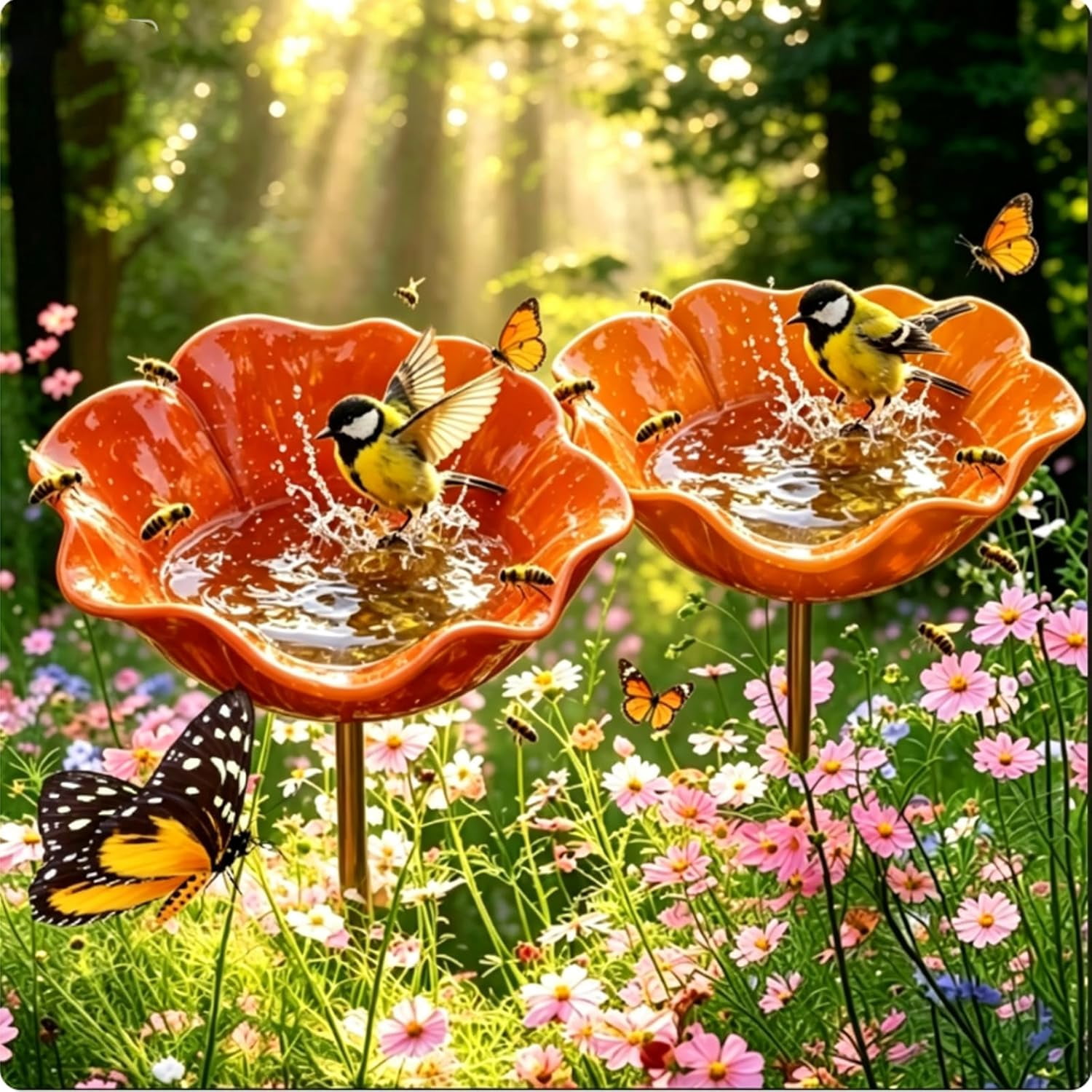 Everlasting Garden Blooms - Handmade Metal Flower Garden Stake, Mini Bird Bath & Pollinator Water Station, Colorful Butterfly Bees Bath Bowl for Outdoor Garden Courtyard Decor (Orange)