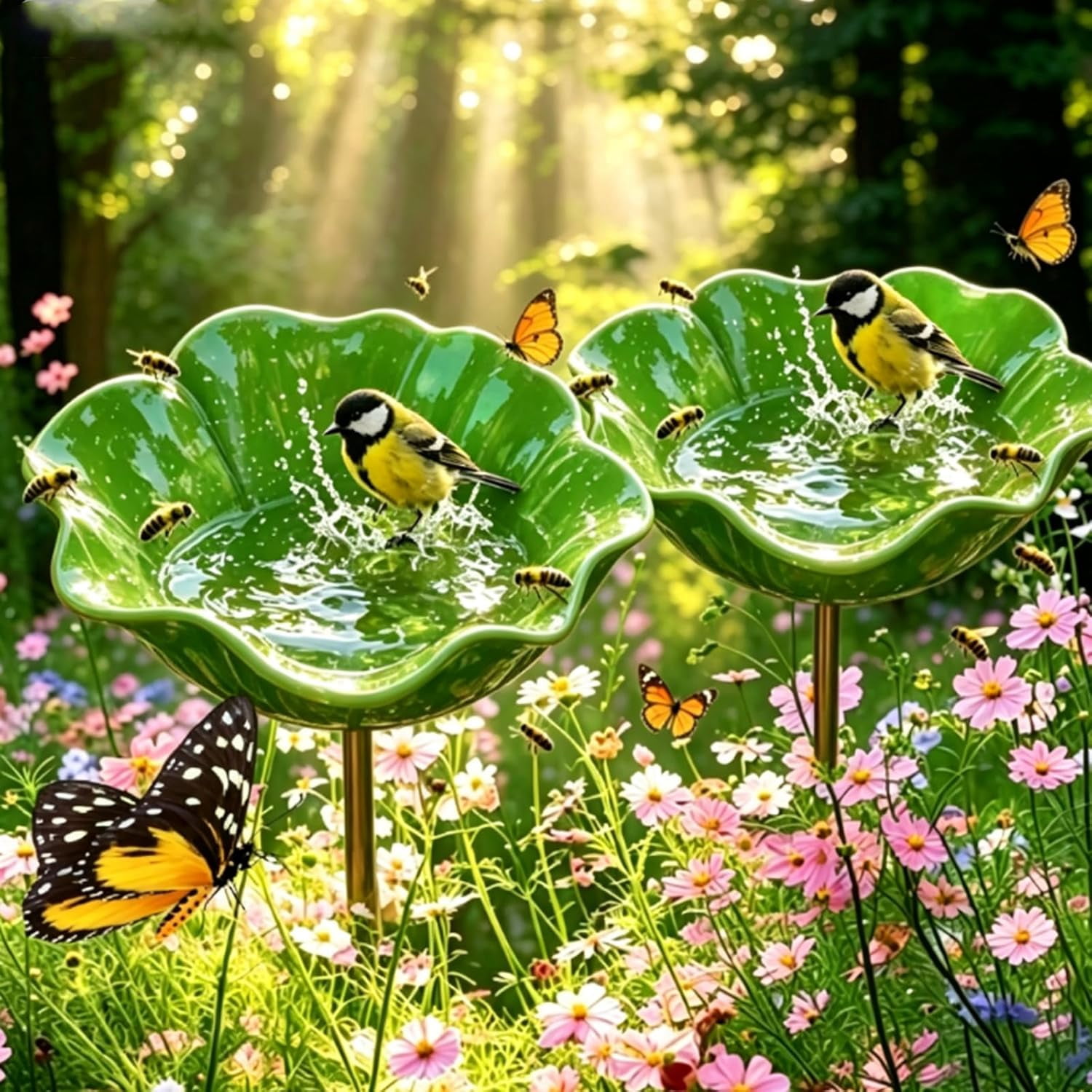 Everlasting Garden Blooms - Handmade Metal Flower Garden Stake, Mini Bird Bath & Pollinator Water Station, Colorful Butterfly Bees Bath Bowl for Outdoor Garden Courtyard Decor (Green)