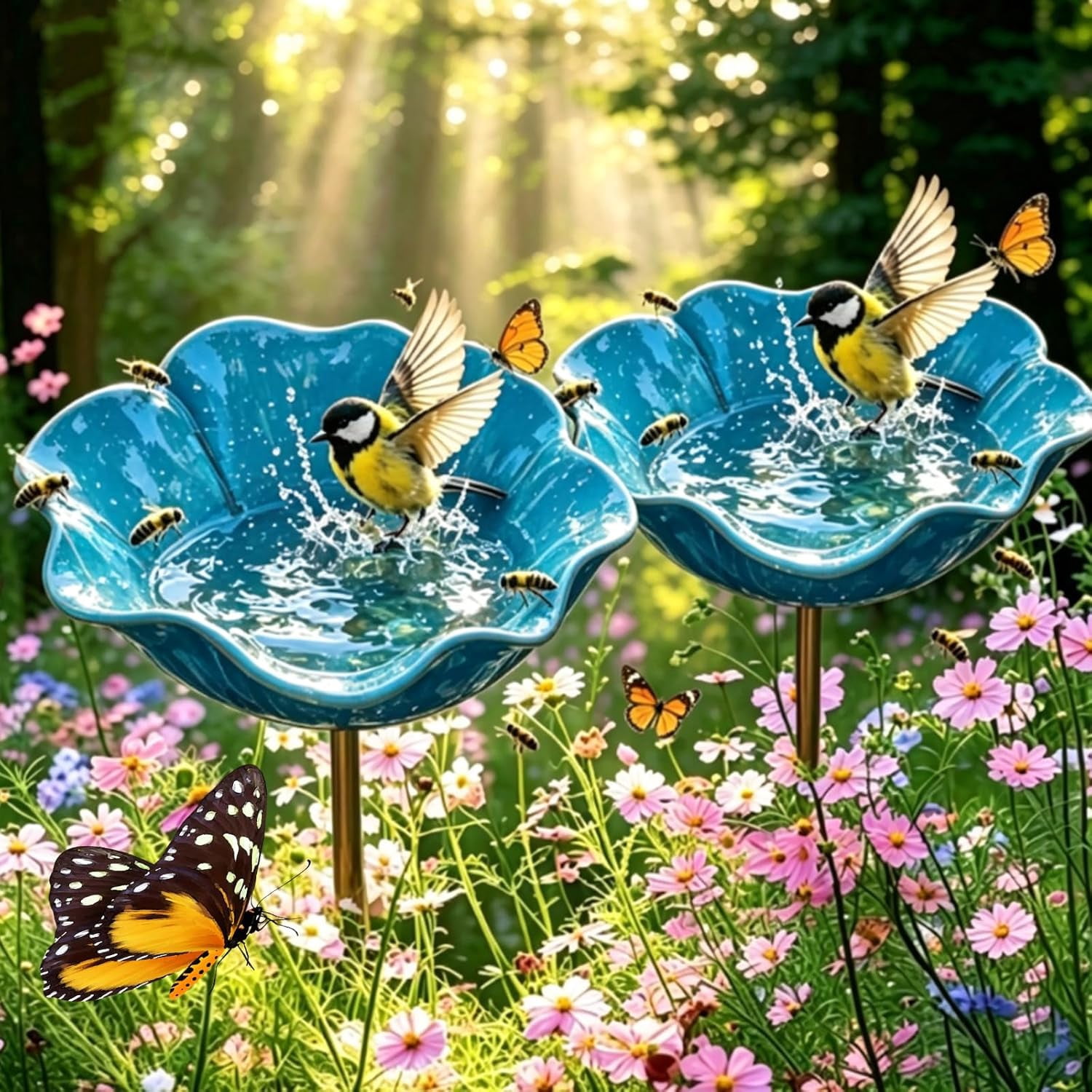 Everlasting Garden Blooms - Handmade Metal Flower Garden Stake, Mini Bird Bath & Pollinator Water Station, Colorful Butterfly Bees Bath Bowl for Outdoor Garden Courtyard Decor (Blue)
