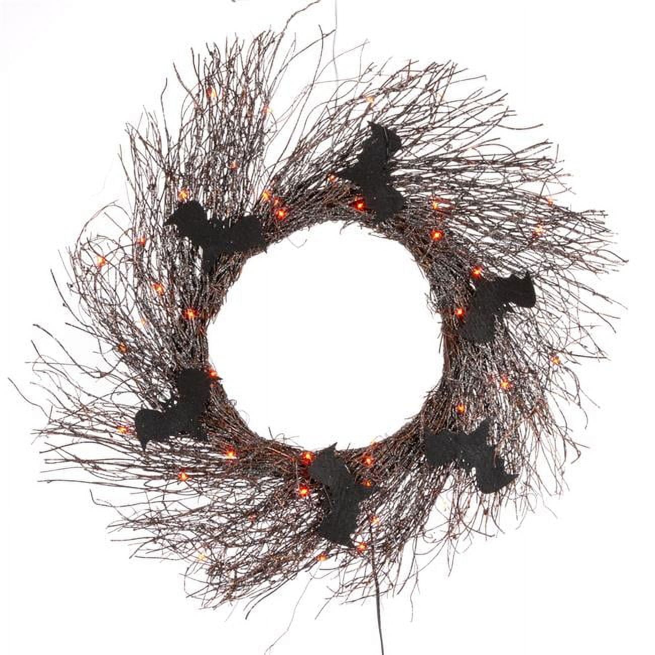 20" Black Twig Wreath with Orange LED Lights and Bats
