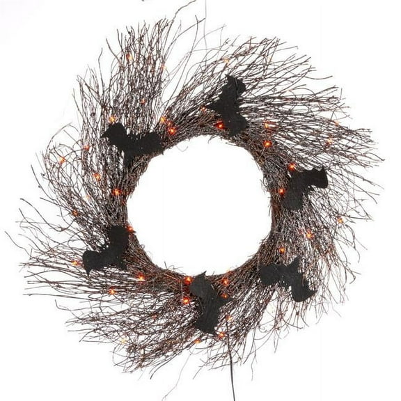 Everlasting Glow 20 in. Halloween Twig Wreath with Bats & Orange LED, Black