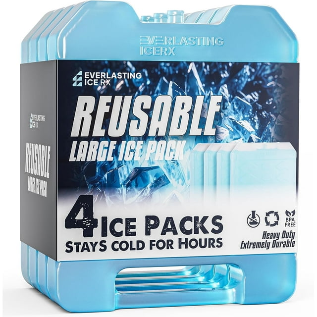 Everlasting Ice RX Large Reusable Ice Packs for Coolers with Handle, Long-Lasting Freezer Packs for Extended Cooling, 4-Pack