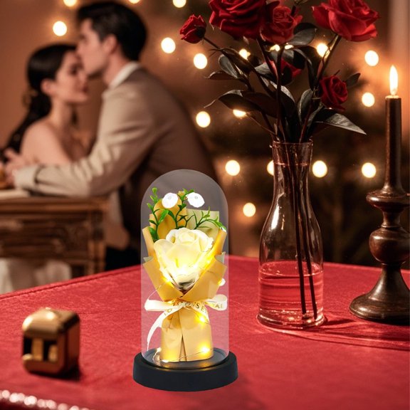 Everlasting LED Rose Soap Flower Bouquet in Glass Dome Valentines Day Romantic Gift Decoration