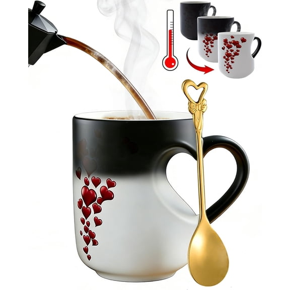 Everlasting Love Heart Pattern Magic Cup - Ceramic Thermochromic Anniversary Mug - Romantic Surprise Souvenir for Wedding, Engagement & Relationship Milestones
