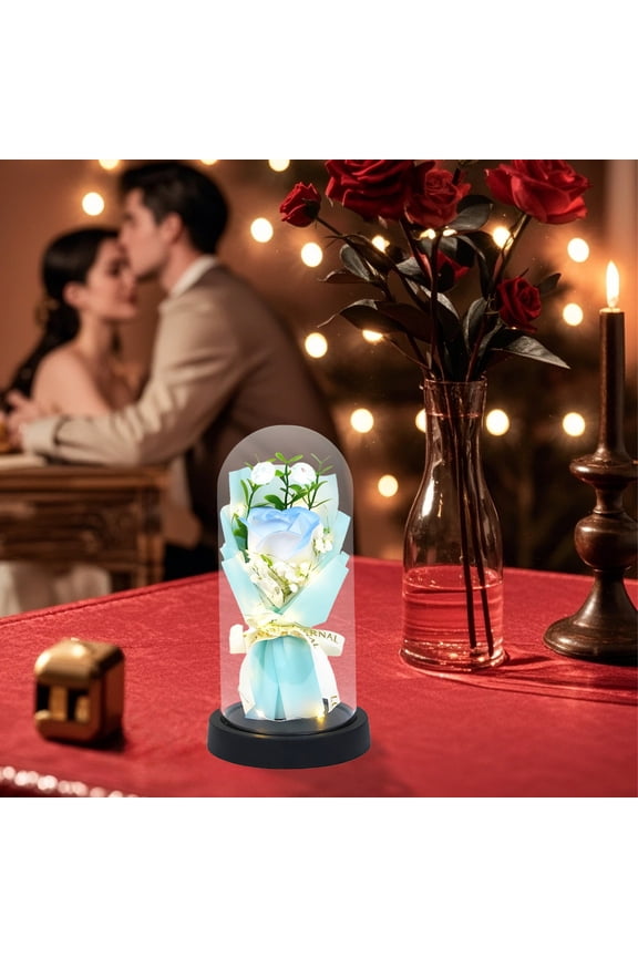 Everlasting Soap Flower Bouquet with Glass Cover,Romantic Valentine’s Day Birthday or Anniversary Gift,Long-Lasting Luminous Floral Arrangement for Home Decoration and Table Centerpiece-Light Blue