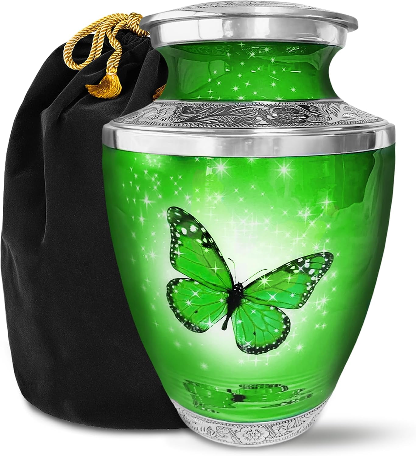 Everlight Memorials Green Butterfly Adult Large Cremation Urn for Human Ashes – With Velvet Bag