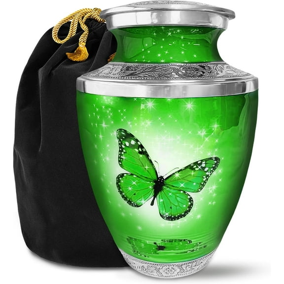 Everlight Memorials Green Butterfly Adult Large Cremation Urn for Human Ashes With Velvet Bag