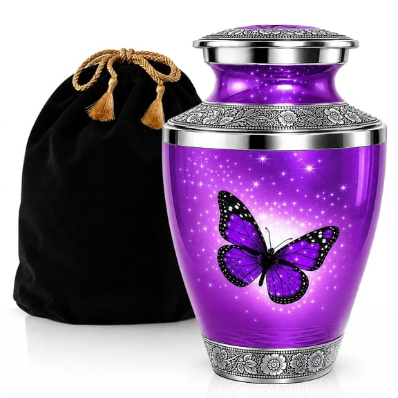 Everlight Memorials Purple Butterfly Adult Large Burial Urn for Cremation Ash â With Velvet Bag
