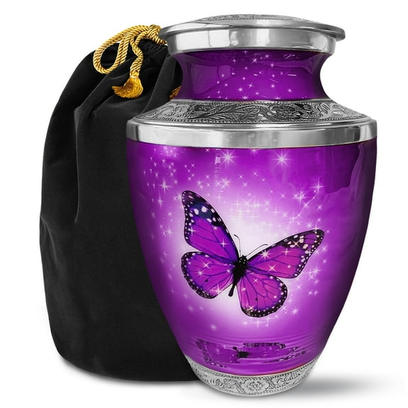Everlight Memorials Purple Butterfly Adult Large Burial Urn for Cremation Ash â With Velvet Bag