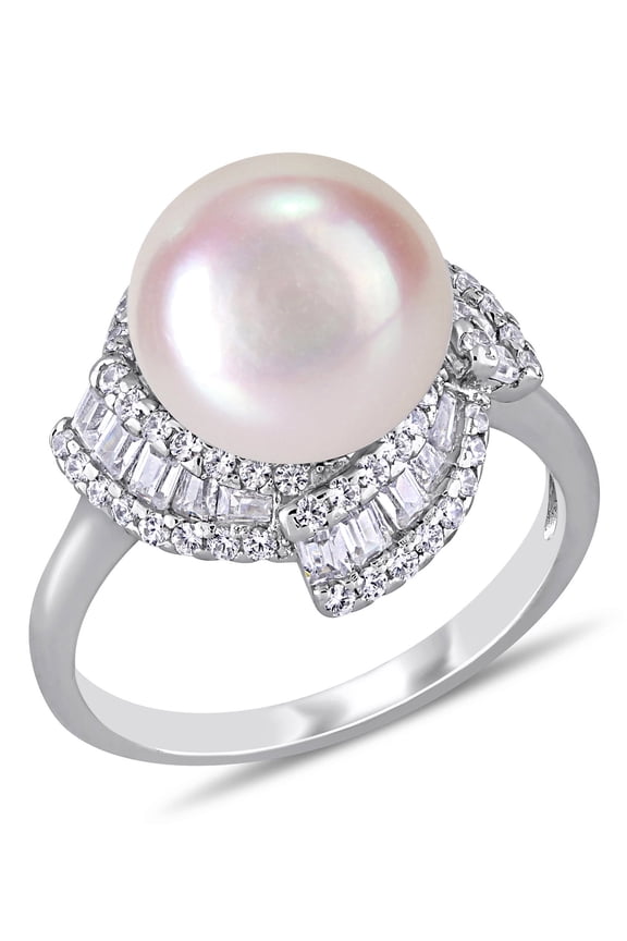 Women's Cultured Pearl and Cubic Zirconia Sterling Silver Engagement Ring