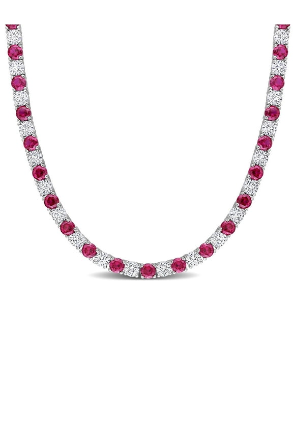 Women's Created Sapphire and Created Ruby Sterling Silver Tennis Necklace