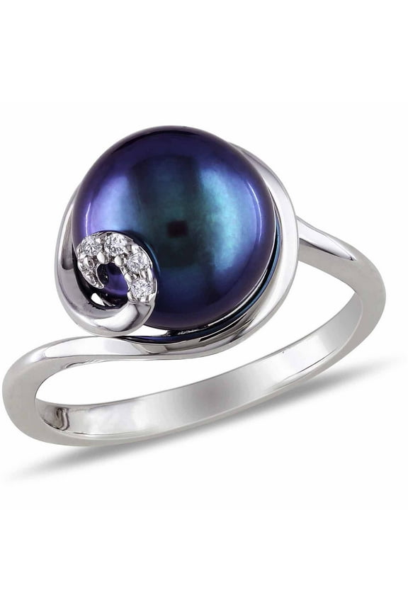 Women's Cultured Pearl and Diamond Sterling Silver Ring