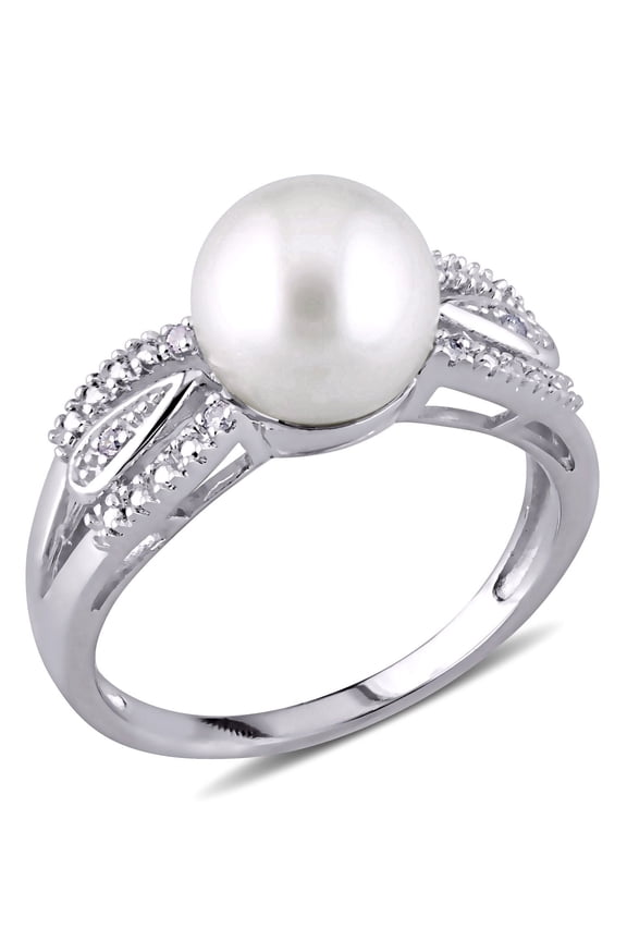 Women's Cultured Pearl and Diamond Sterling Silver Ring