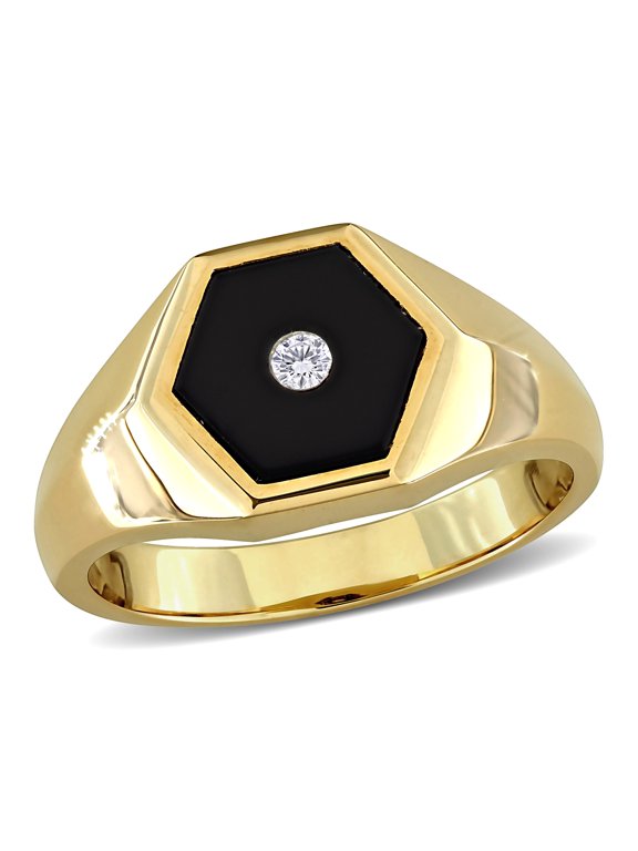 Black Onyx and Diamond Accent Hexagon Ring in Yellow Plated Sterling Silver