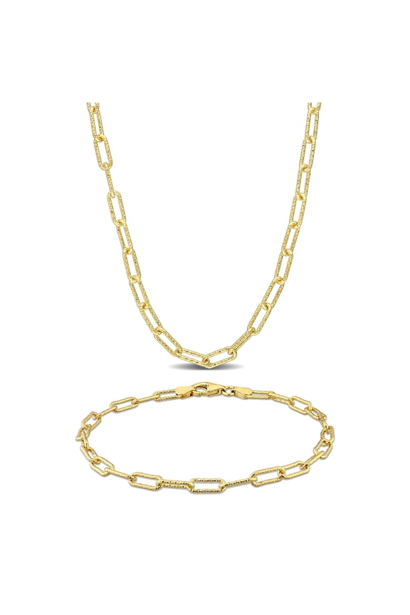 Men's Yellow Silver 3.5mm Fancy Paperclip Chain Necklace And Bracelet Set - 24 in + 9 in