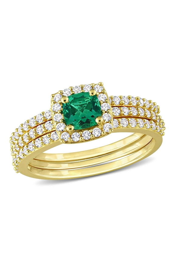 Women's Created Sapphire Created Emerald Yellow Gold Plated Bridal Set
