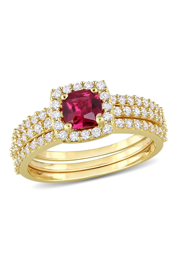 Women's Created Sapphire Created Ruby Yellow Gold Plated Bridal Set