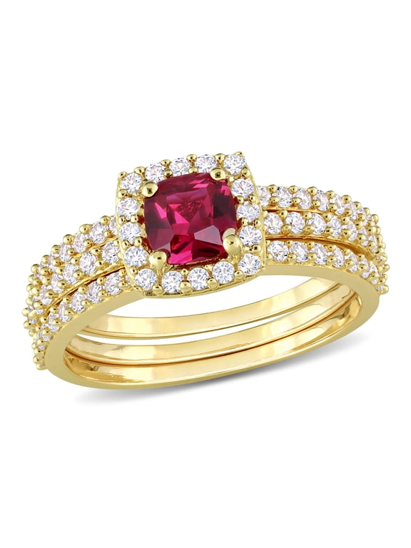 Women's Created Sapphire Created Ruby Yellow Gold Plated Bridal Set