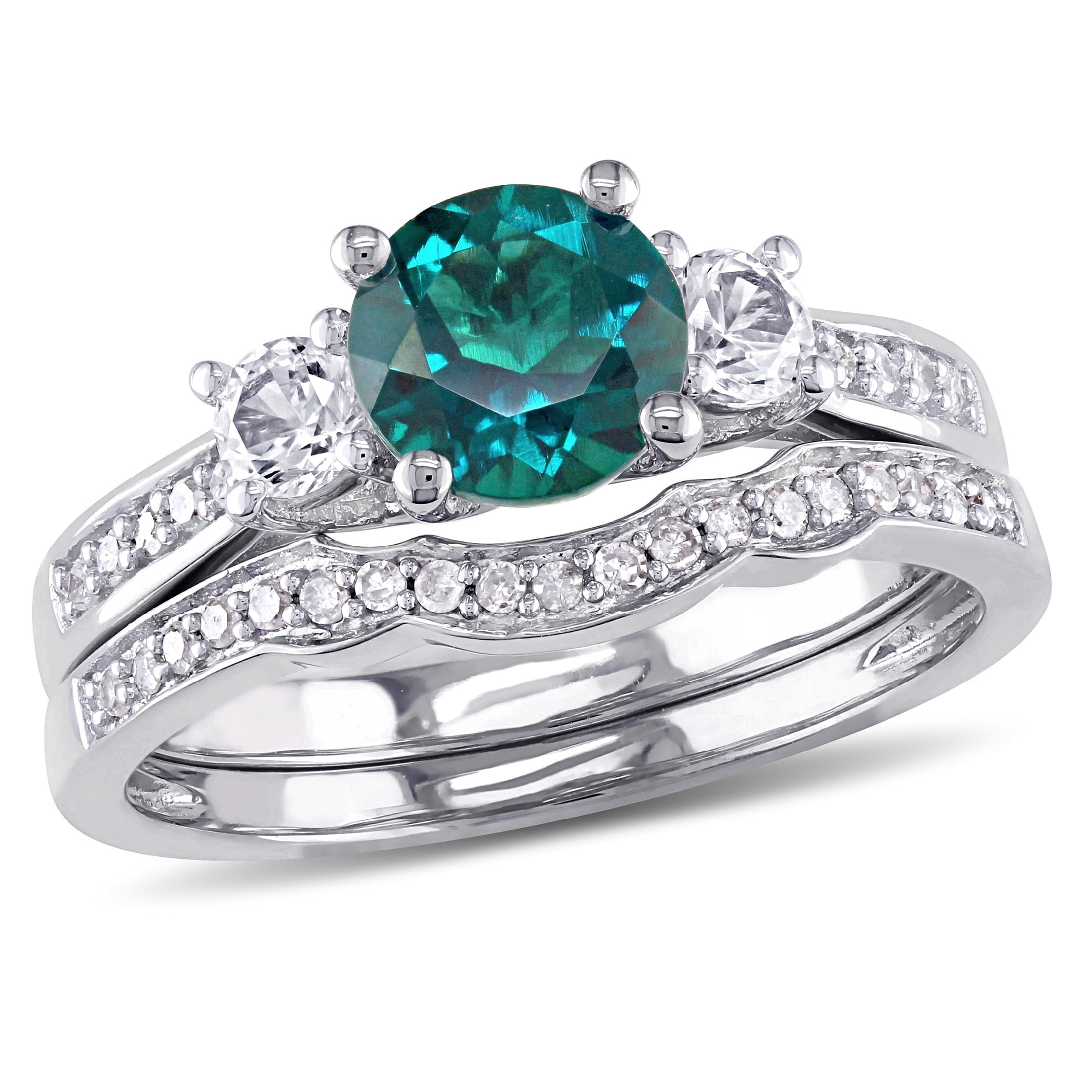 Everly Women's Created Sapphire Created Emerald 10k White Gold Bridal Set