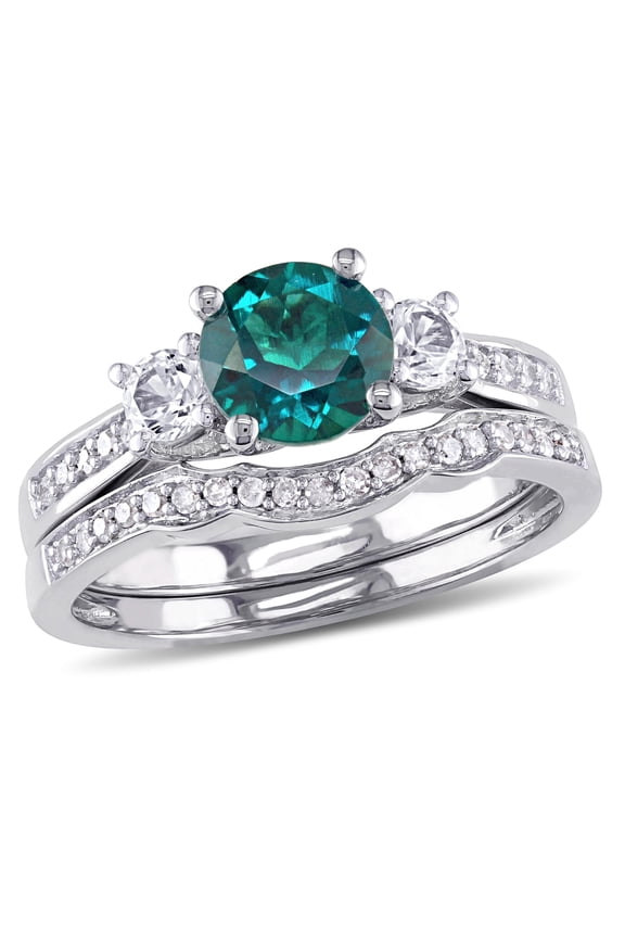 Women's Created Sapphire Created Emerald 10k White Gold Bridal Set