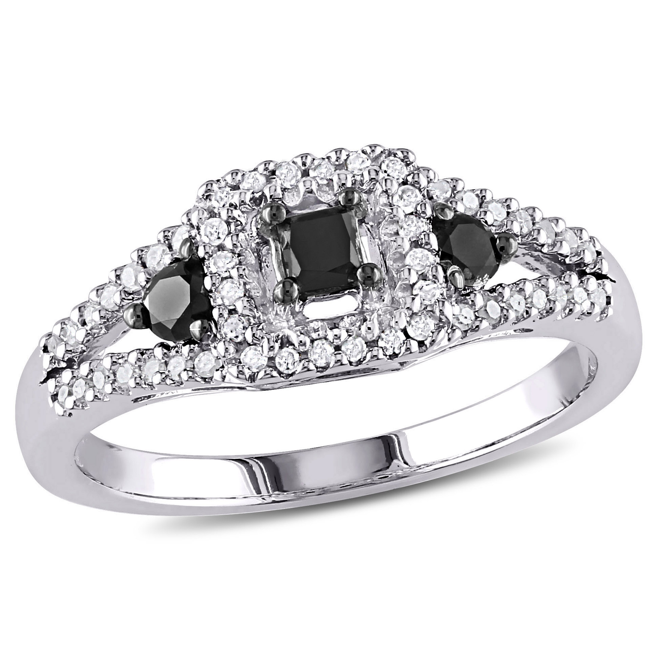 Everly Women's 1/2 Carat T.W. Princess-Cut Black and White Diamond Sterling Silver Split Shank Cocktail Ring with Round-Cut Diamond on Band and 4-Prong/3-Prong/Buttercup Setting (H-I-J, I3) - image 1 of 7
