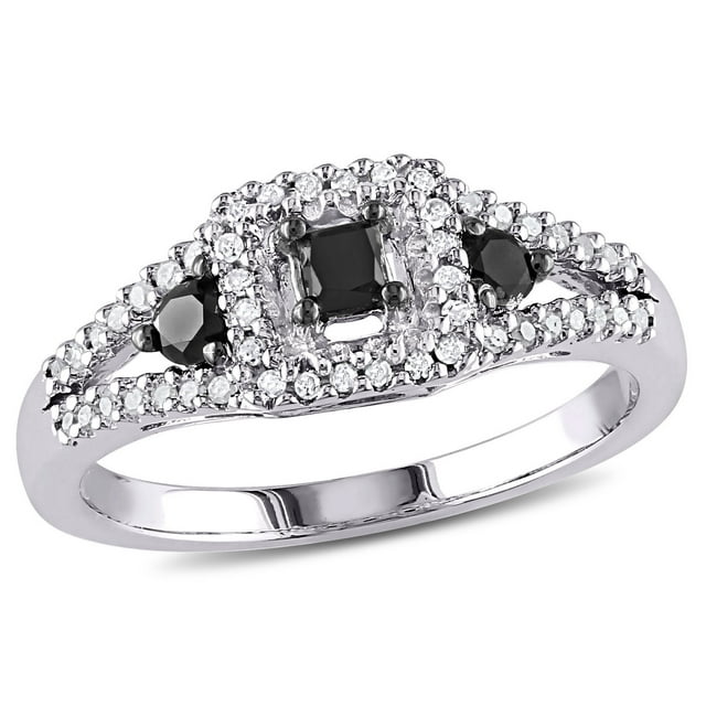 Everly Women's 1/2 Carat T.W. Princess-Cut Black and White Diamond Sterling Silver Split Shank Cocktail Ring with Round-Cut Diamond on Band and 4-Prong/3-Prong/Buttercup Setting (H-I-J, I3)