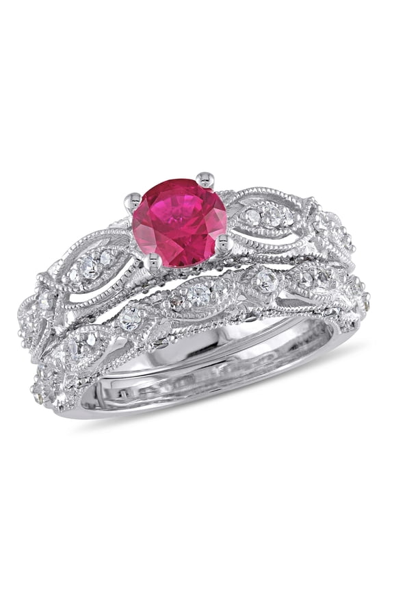 Women's Created Sapphire Created Ruby 10k White Gold Bridal Set