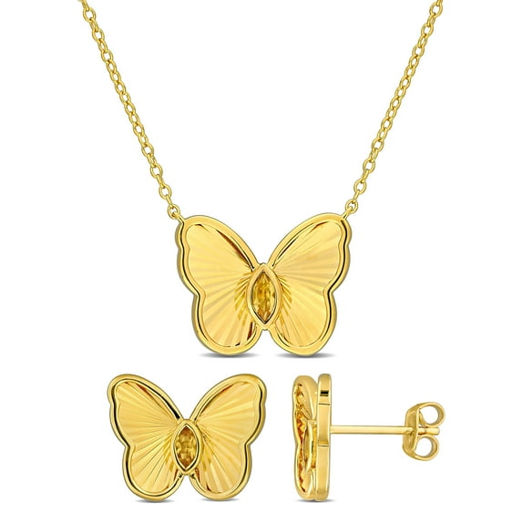 Everly Women's 1/3ct TGW Citrine Yellow Silver Butterfly Earrings and Necklace Set - 17 in
