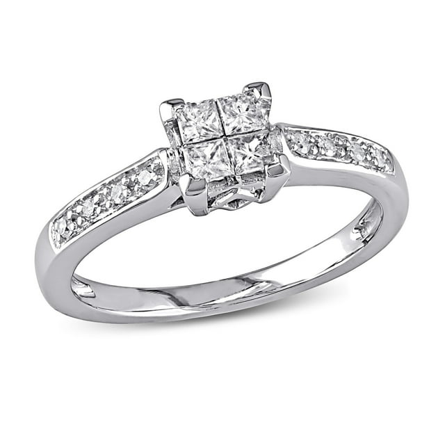 Everly Women's 1/4 Carat TDW Princess and Round-Cut Diamond 10kt White Gold Solitaire Style Bridal Engagement Ring with Invisible Quad Setting and Pave setting on Band (G-H, I2-I3)