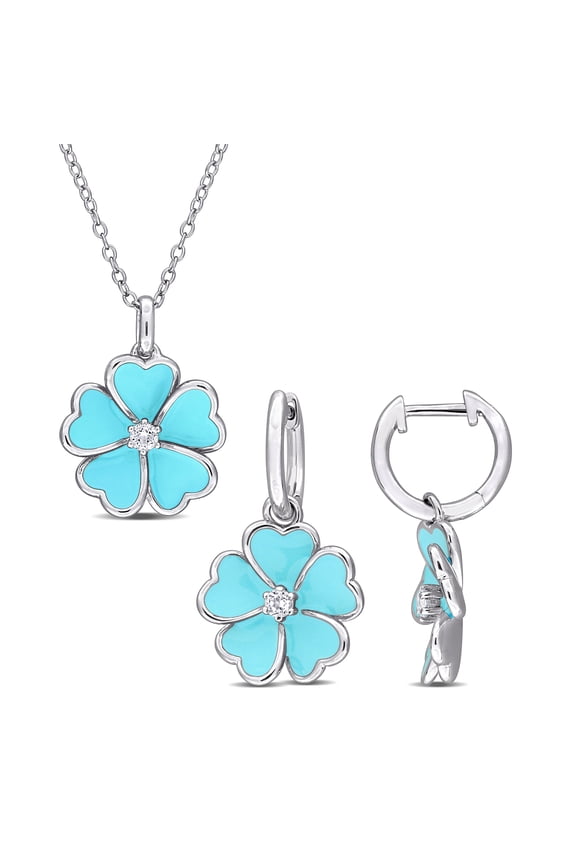 Women's 1/4ct White Topaz Light Blue Enamel Sterling Silver Pendant with Chain & Earring Set