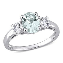 Everly Women's 1 5/8 Carat T.G.W. Oval-Cut Aquamarine and Round-Cut Created White Sapphire Sterling Silver Three-Stone Ring