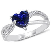 Everly Women's 1-7/8 Carat T.G.W. Heart-Shape Created Blue Sapphire and 0.05 Carat Round-Cut Diamond Accent Sterling Silver Heart Split-Shank Ring