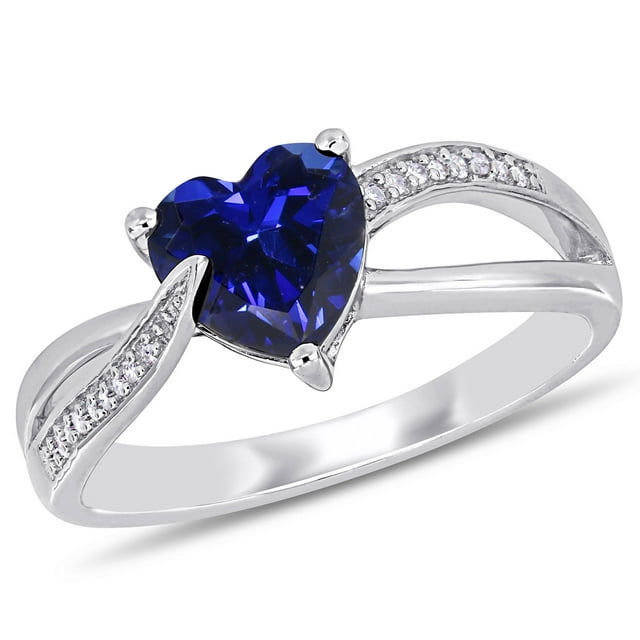 Everly Women's 1-7/8 Carat T.G.W. Heart-Shape Created Blue Sapphire and 0.05 Carat Round-Cut Diamond Accent Sterling Silver Heart Split-Shank Ring