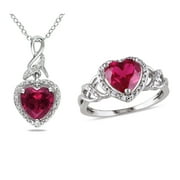 Everly Women's 1/7 Carat T.W. Round Diamond GH I2-I3 4 1/2 Carat T.G.W. Heart-Cut Created Ruby Heart twist Ring and Pendant with Chain 4 Prongs/Claw and Pave Setting in Sterling Silver - 18 in