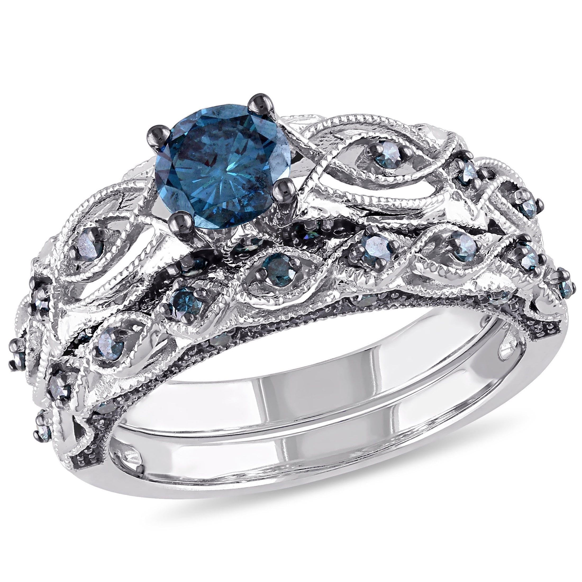 Blue diamond wedding ring set deals