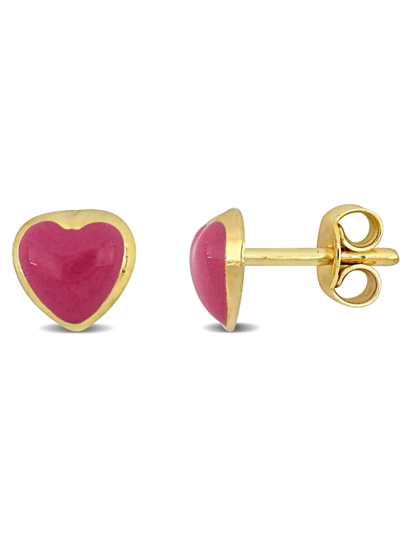 Women's Pink Enamel Heart 14k Yellow Gold Stud Earrings