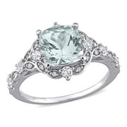 Everly Women's 2-3/5 Carat T.G.W. Cushion-Cut Aquamarine and Round-Cut White Sapphire and Round-Cut Diamond Accent 14kt White Gold Halo Ring