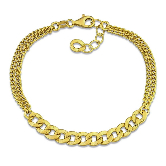 Everly Women's 2.4mm Curb and 6.3mm Hammered Curb Link Yellow Silver Double Row Bracelet