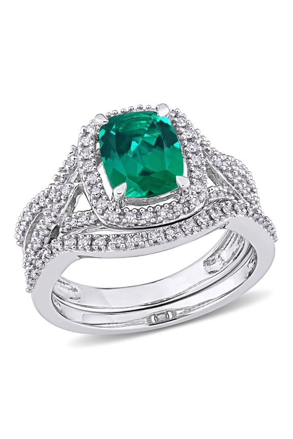 Women's Created Emerald 10k White Gold Bridal Set