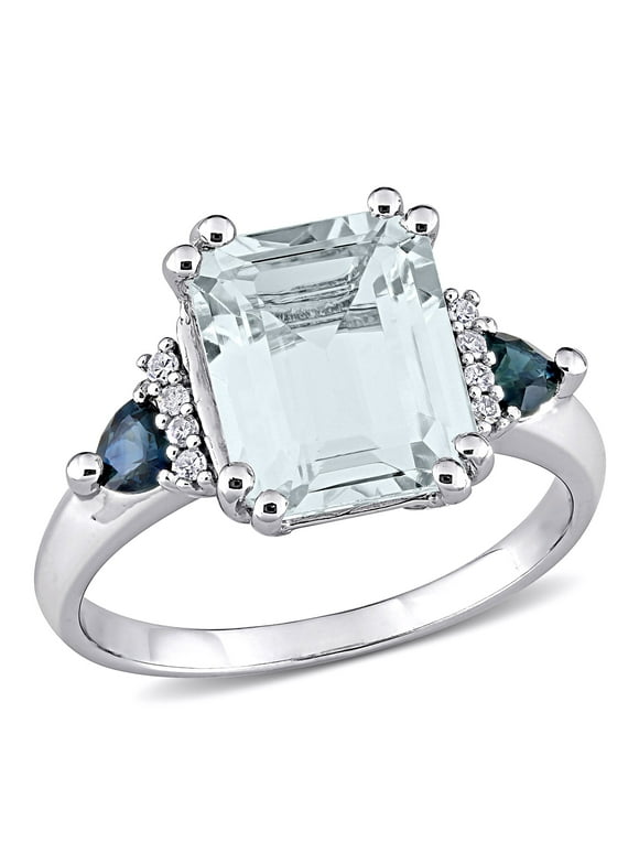 Women's Aquamarine and Sapphire Sterling Silver Engagement Ring