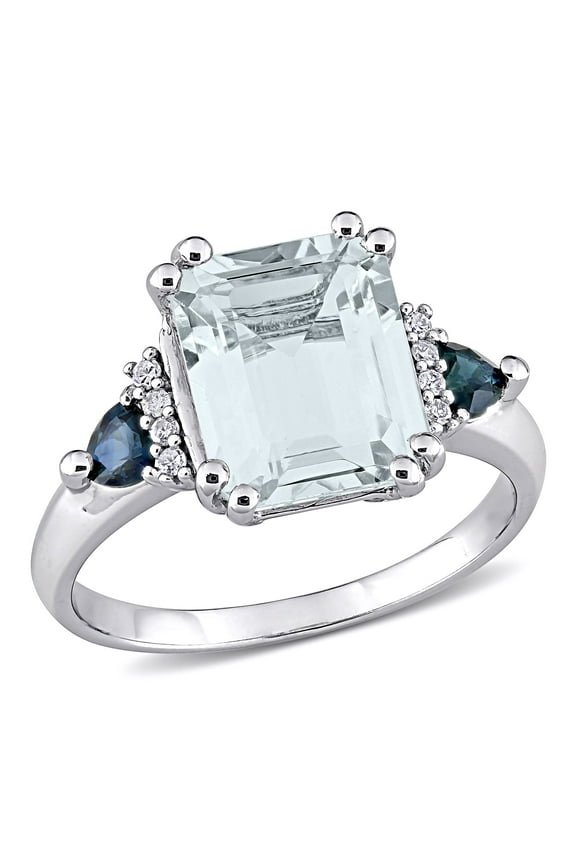 Women's Aquamarine and Sapphire Sterling Silver Engagement Ring